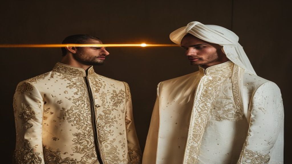 A richly detailed sherwani and a crisp kandoora displayed side by side in the Lahza atelier