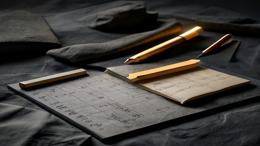 Notebook, chalk and shears laid out beside a half-cut pattern