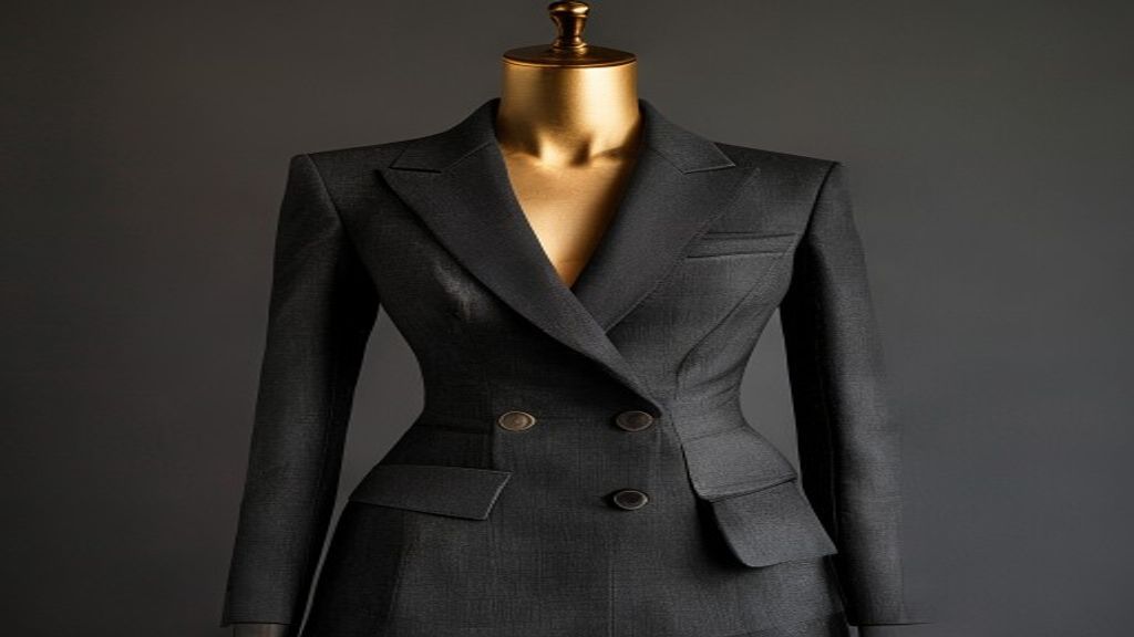 A tailored blazer pinned mid-fitting on a mannequin in the Lahza atelier