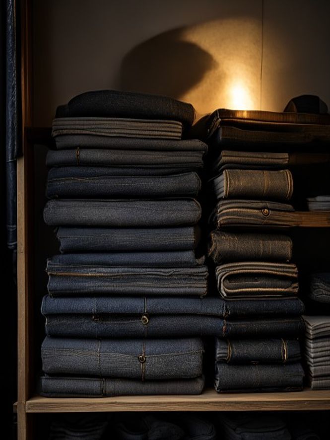 Rolls of English and Italian suiting cloth stacked in the Lahza fabric room
